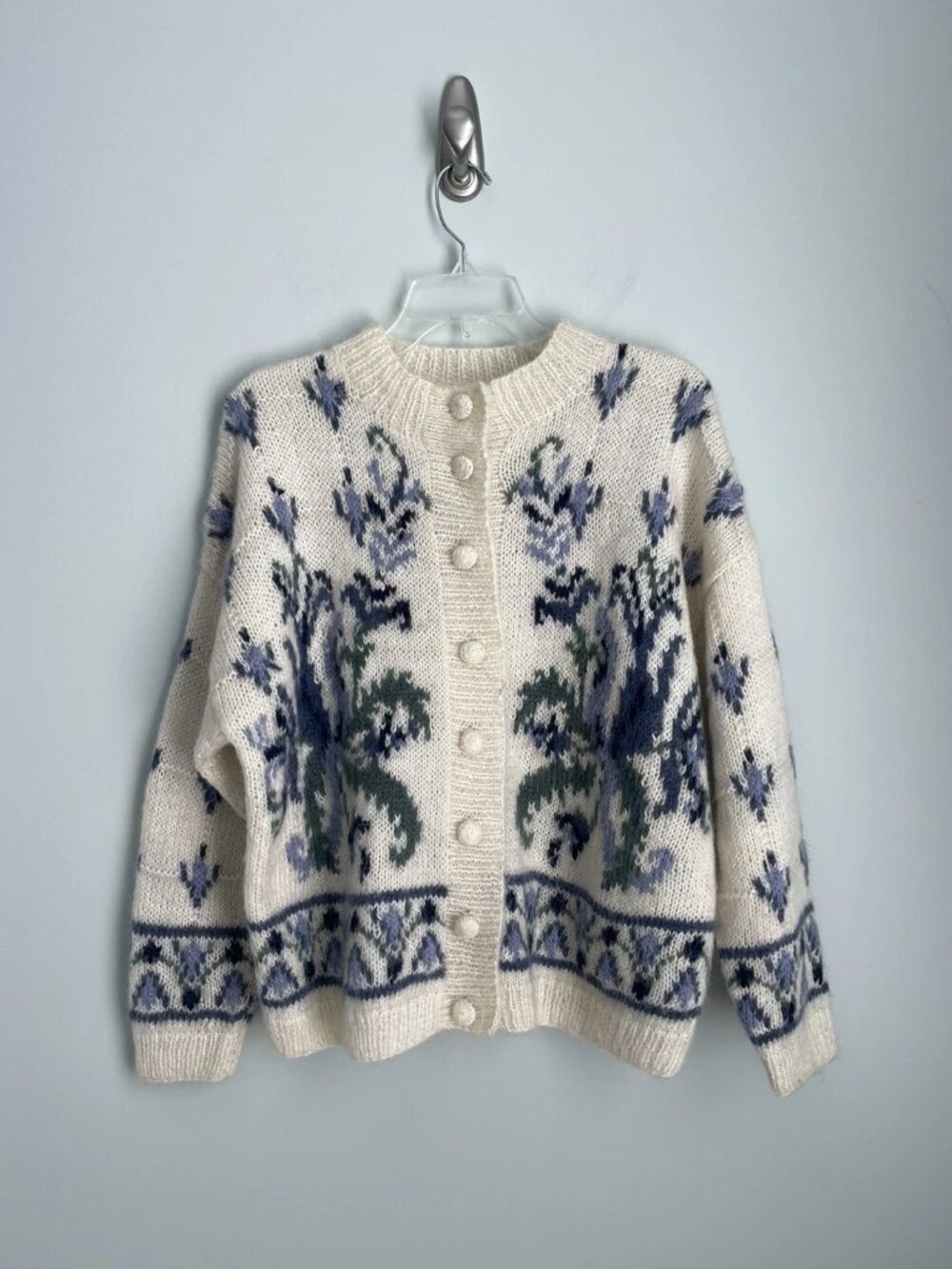 Vtg Express Tricot Handknitted Mohair Blend Fuzzy Cardigan Oversized